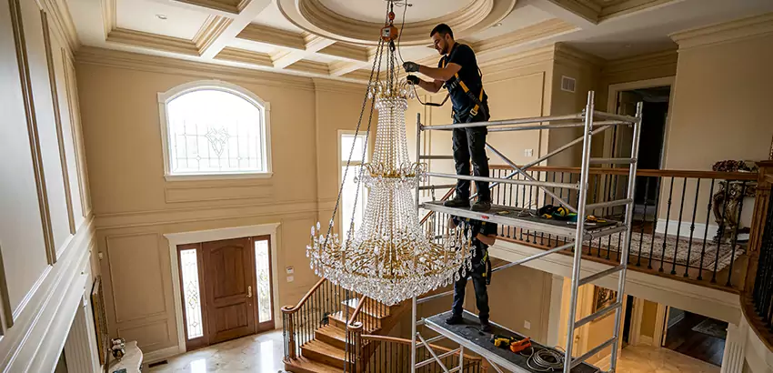 Two-Story Foyer Chandelier Installation in West Des Moines